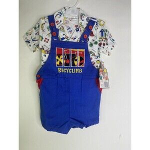 VTG Tootsie Roll Bicycling Button Up Shirt and Overalls Outfit Set Boys Size 3T